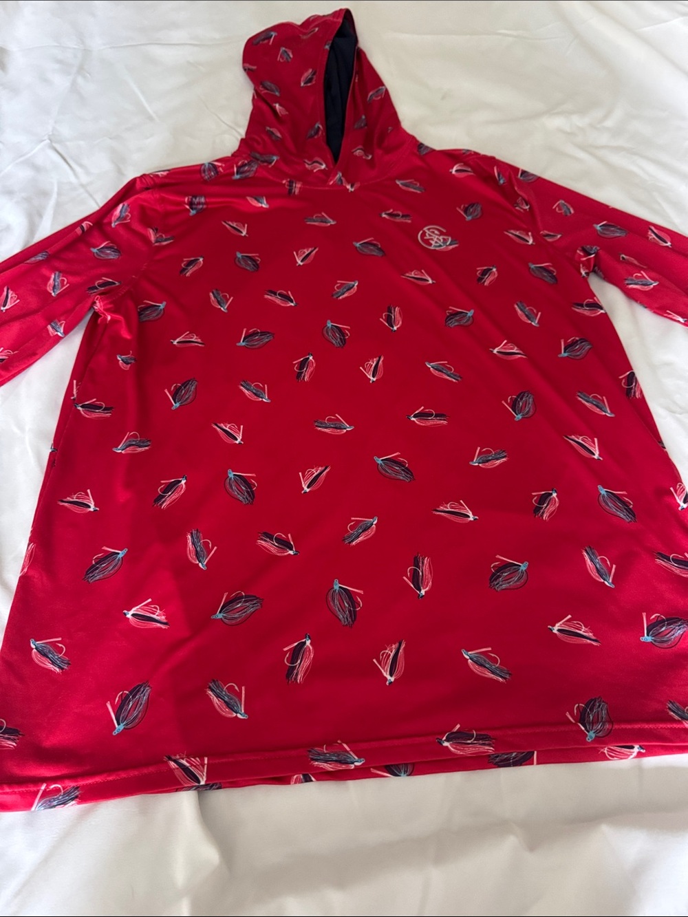 Googan Squad Red Long Sleeve Hooded Performance Shirt with fishing lures